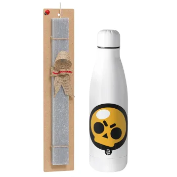 Brawl Stars Skull, Easter Set, metallic stainless thermos bottle (500ml) & scented flat Easter candle (30cm) (GRAY)