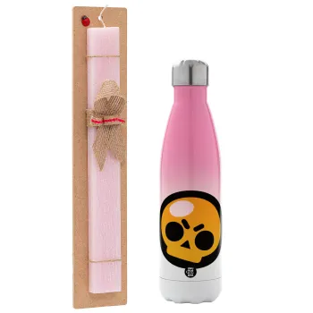 Brawl Stars Skull, Easter Set, Metallic pink/white (Stainless steel) thermos, double-walled, 500ml & aromatic flat Easter candle (30cm) (PINK)