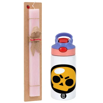 Brawl Stars Skull, Easter Set, Children's thermal stainless steel water bottle with safety straw, pink/purple (350ml) & Easter scented flat candle (30cm) (PINK)