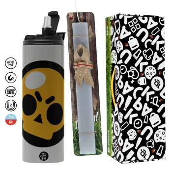 Brawl Stars Skull, Easter candle with Grey Tumbler Thermo 600ml & aromatic flat candle (30cm) (GREY)