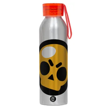 Brawl Stars Skull, Αλουμινένιο Αθλητικό Μπουκάλι 650ml – Ασημί με Κόκκινο Καπάκι και Λουράκι Σιλικόνης