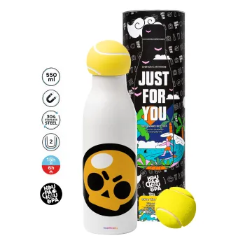 Brawl Stars Skull, Μπάλα τένις μεταλλικό παγούρι θερμός, διπλού τοιχώματος, 550ml
