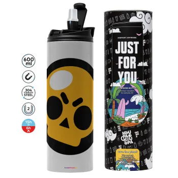 Brawl Stars Skull, Tumbler stainless steel GREY 600ml