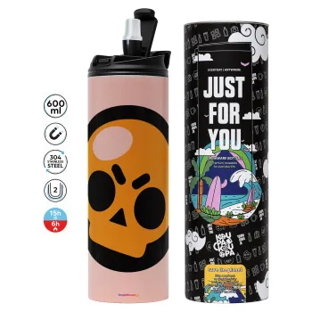 Brawl Stars Skull, Tumbler stainless steel PINK 600ml