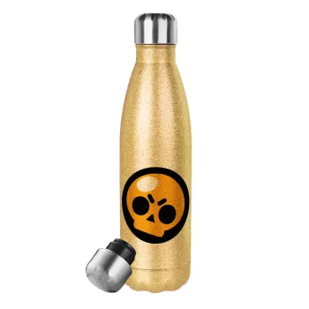 Brawl Stars Skull, Μεταλλικό παγούρι θερμός Glitter χρυσό (Stainless steel), διπλού τοιχώματος, 500ml