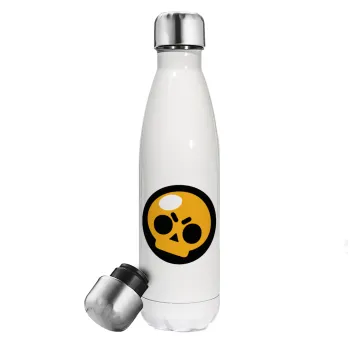 Brawl Stars Skull, Μεταλλικό παγούρι θερμός Λευκό (Stainless steel), διπλού τοιχώματος, 500ml