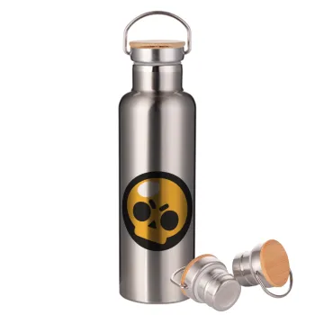 Brawl Stars Skull, Stainless steel Silver with wooden lid (bamboo), double wall, 750ml
