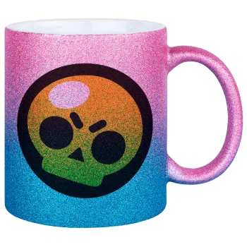 Brawl Stars Skull, Κούπα Χρυσή/Μπλε Glitter, κεραμική, 330ml