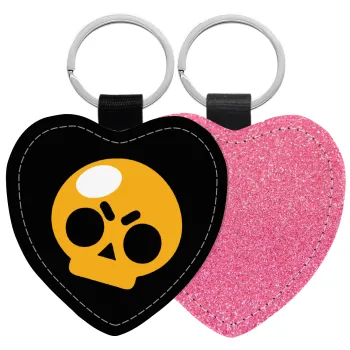 Brawl Stars Skull, Μπρελόκ PU δερμάτινο glitter καρδιά ΡΟΖ