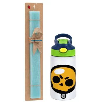 Brawl Stars Skull, Easter Set, Children's thermal stainless steel bottle with safety straw, green/blue (350ml) & aromatic flat Easter candle (30cm) (TURQUOISE)