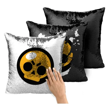 Brawl Stars Skull, Μαξιλάρι καναπέ Μαγικό Μαύρο με πούλιες 40x40cm περιέχεται το γέμισμα