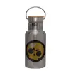 Stainless steel metallic thermos flask, silver with a bamboo lid, double-walled, 350ml.