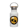 Metallic thermos (Stainless steel) White with wooden lid (bamboo), double-walled, 350ml