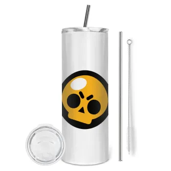 Brawl Stars Skull, Tumbler ποτήρι θερμό από ανοξείδωτο ατσάλι 600ml, με μεταλλικό καλαμάκι & βούρτσα καθαρισμού