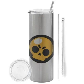 Brawl Stars Skull, Tumbler ποτήρι θερμό Ασημένιο από ανοξείδωτο ατσάλι 600ml, με μεταλλικό καλαμάκι & βούρτσα καθαρισμού
