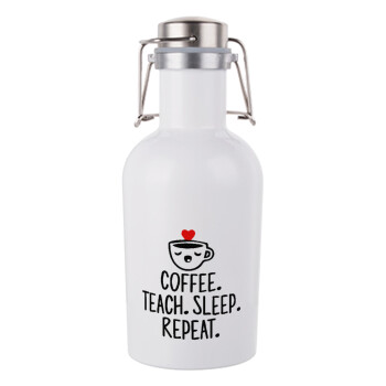 Coffee Teach Sleep Repeat, Μεταλλικό παγούρι Λευκό (Stainless steel) με καπάκι ασφαλείας 1L
