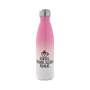 Coffee Teach Sleep Repeat, Μεταλλικό παγούρι θερμός Ροζ/Λευκό (Stainless steel), διπλού τοιχώματος, 500ml