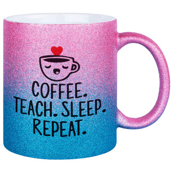 Coffee Teach Sleep Repeat, Κούπα Χρυσή/Μπλε Glitter, κεραμική, 330ml