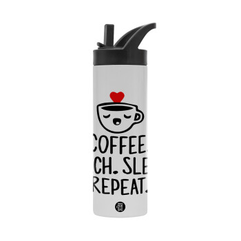 Coffee Teach Sleep Repeat, Μεταλλικό παγούρι θερμός με καλαμάκι & χειρολαβή, ανοξείδωτο ατσάλι (Stainless steel 304), διπλού τοιχώματος, 600ml