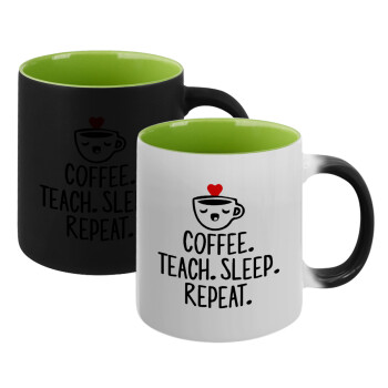 Coffee Teach Sleep Repeat, Κούπα Μαγική εσωτερικό πράσινο, κεραμική 330ml που αλλάζει χρώμα με το ζεστό ρόφημα