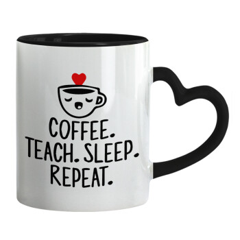 Coffee Teach Sleep Repeat, Κούπα καρδιά χερούλι μαύρη, κεραμική, 330ml