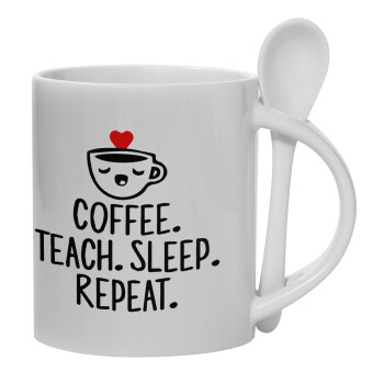 Coffee Teach Sleep Repeat, Κούπα, κεραμική με κουταλάκι, 330ml (1 τεμάχιο)
