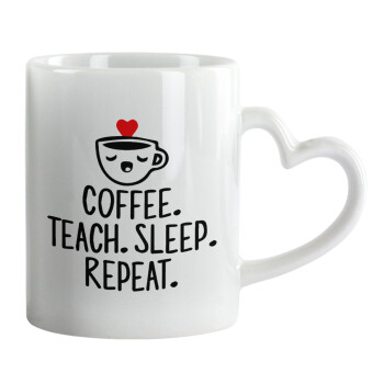 Coffee Teach Sleep Repeat, Κούπα καρδιά χερούλι λευκή, κεραμική, 330ml