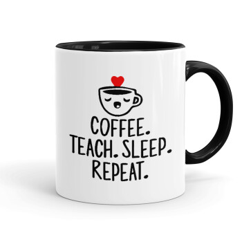 Coffee Teach Sleep Repeat, Κούπα χρωματιστή μαύρη, κεραμική, 330ml