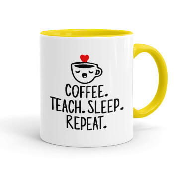 Coffee Teach Sleep Repeat, Κούπα χρωματιστή κίτρινη, κεραμική, 330ml