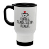 Coffee Teach Sleep Repeat, Κούπα ταξιδιού ανοξείδωτη με καπάκι, διπλού τοιχώματος (θερμό) λευκή 450ml