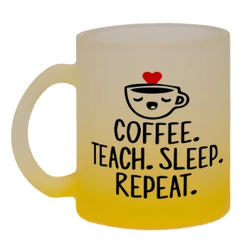 Coffee Teach Sleep Repeat, Κούπα γυάλινη δίχρωμη με βάση το κίτρινο ματ, 330ml