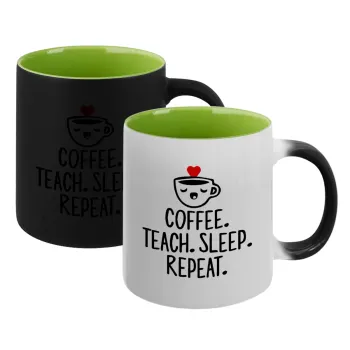 Coffee Teach Sleep Repeat, Κούπα Μαγική εσωτερικό πράσινο, κεραμική 330ml που αλλάζει χρώμα με το ζεστό ρόφημα