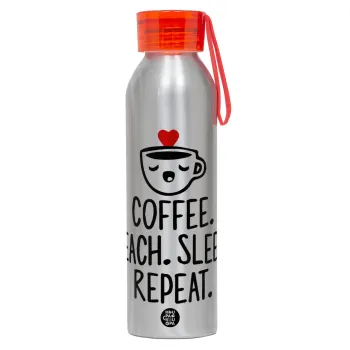 Coffee Teach Sleep Repeat, Αλουμινένιο Αθλητικό Μπουκάλι 650ml – Ασημί με Κόκκινο Καπάκι και Λουράκι Σιλικόνης