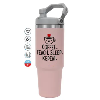 Coffee Teach Sleep Repeat, ΡΟΖ χρώματος Θερμός Ανοξείδωτο 890ml (30oz) με χερούλι