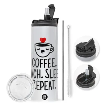 Coffee Teach Sleep Repeat, Travel Tumbler θερμό με διπλό καπάκι, μεταλλικό καλαμάκι και βούρτσα καθαρισμού (Ανωξείδωτο 304 Food grade, BPA free, 600ml)