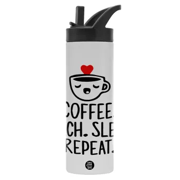 Coffee Teach Sleep Repeat, Metallic thermos bottle with straw & handle, stainless steel (Stainless steel 304), double-walled, 600ml.
