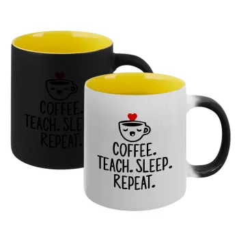 Coffee Teach Sleep Repeat, Κούπα Μαγική εσωτερικό κίτρινη, κεραμική 330ml που αλλάζει χρώμα με το ζεστό ρόφημα