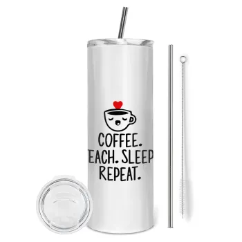 Coffee Teach Sleep Repeat, Tumbler ποτήρι θερμό από ανοξείδωτο ατσάλι 600ml, με μεταλλικό καλαμάκι & βούρτσα καθαρισμού