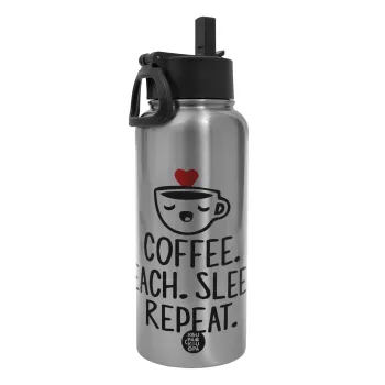 Coffee Teach Sleep Repeat, Μεταλλικό παγούρι θερμός Silver με καλαμάκι και χερούλι (Stainless steel), διπλού τοιχώματος, 950ml