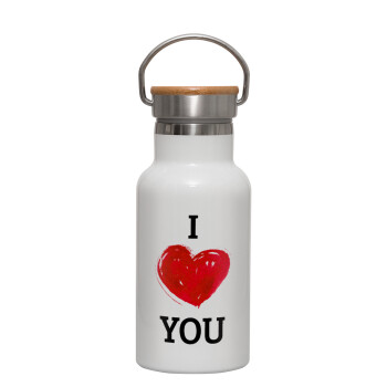 I Love You, Metallic thermos (Stainless steel) White with wooden lid (bamboo), double-walled, 350ml