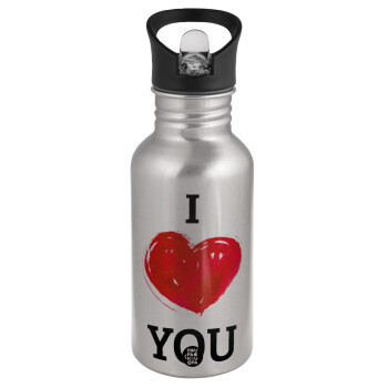 I Love You, Water bottle Silver with straw, stainless steel 500ml