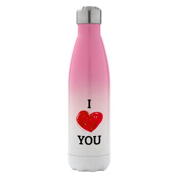 I Love You, Metal mug thermos Pink/White (Stainless steel), double wall, 500ml