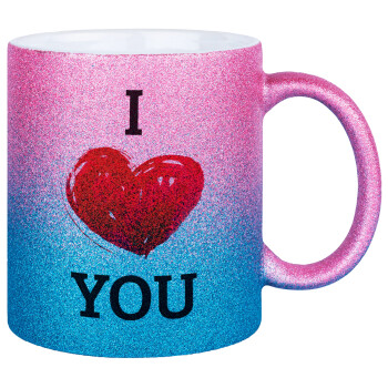 I Love You, Κούπα Χρυσή/Μπλε Glitter, κεραμική, 330ml