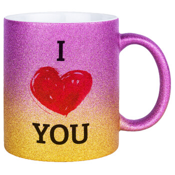 I Love You, Κούπα Χρυσή/Ροζ Glitter, κεραμική, 330ml