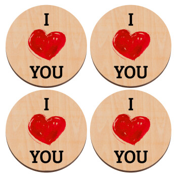 I Love You, ΣΕΤ x4 Σουβέρ ξύλινα στρογγυλά plywood (9cm)
