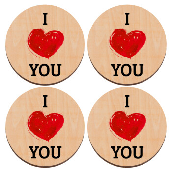 I Love You, ΣΕΤ x4 Σουβέρ ξύλινα στρογγυλά plywood (9cm)