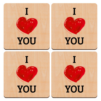 I Love You, ΣΕΤ x4 Σουβέρ ξύλινα τετράγωνα plywood (9cm)