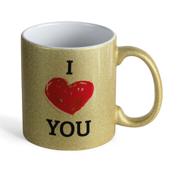 I Love You, Κούπα Χρυσή Glitter που γυαλίζει, κεραμική, 330ml