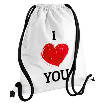 I Love You, Backpack pouch GYMBAG white, with pocket (40x48cm) & thick cords