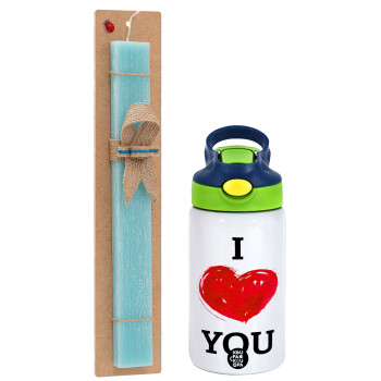 I Love You, Easter Set, Children's thermal stainless steel bottle with safety straw, green/blue (350ml) & aromatic flat Easter candle (30cm) (TURQUOISE)